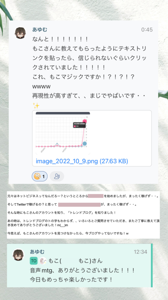 なんと！！！！！！もこさんに教えてもらったようにテキストリンクを貼ったら、信じられないくらいクリックされていました！！！これ、もこマジックですか！？！？www再現性が高すぎて、、まじやばいです・・　音声mtg、ありがとうございました！！！今日もめっちゃ楽しかったです！　もともとはネットビジネスってんなんだろー？というところからペラサイトをはじめましたが、まったく稼げず・・。そしてTwitterで稼げるの？と思って、◯◯を実践しましたが、まったく稼げず・・。そんな時にもこさんのアカウントを知り、「トレンドブログ」を知りました！あの時は、トレンドブログのトの字もわからず、、いろいろとご質問させていただき、またご丁寧に教えていただき改めてありがとうございました！m(_ _)m 今思えば、もこさんのアカウントを見つけてなければ、いまブログやってないですねw